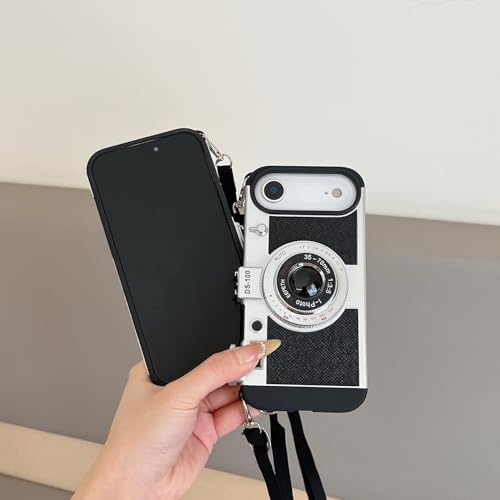 QoKcoahn 3D-Vintage-Kamera-Handyhülle mit langem Umhängeband, einzigartiges, cooles Silikon, Polycarbonat, stoßfest, Crossbody-Schutzhülle für iPhone 17 Air, Schwarz
