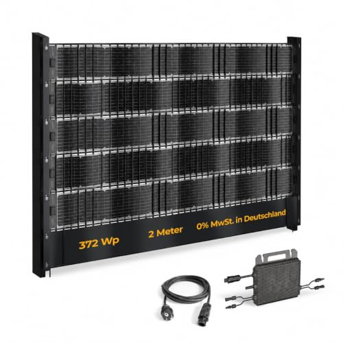 Sunbooster VERTICAL+ Zaun-Balkonkraftwerk 2m – bifaziale PV-Sichtschutzstreifen für Doppelstabmattenzaun, 372Wp, Komplettset mit Mikrowechselrichter 800W und 10m Schuko – steckerfertig, erweiterbar