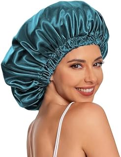 Satin Bonnet with Scrunchie Hair Bow Gift - Double Layer Reversible Comfortable Elastic Headache Free Premium Quality Black + Turquoise, One Size