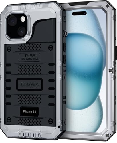 Beasyjoy for iPhone 15 Case Waterproof, Metal Heavy Duty Full Body Protective Case with Built-in Screen Protector, Military Grade Shockproof Dustproof Defender Rugged Cover for iPhone 15 6.1" Silver