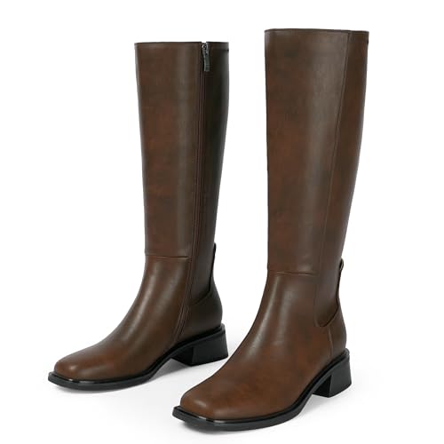 Image of QIY Knee High Boots for Women Low Heel Flat Tall Boots | Stretch Boots, Chunky Heel Womens Boots, Square Toe Heeled Fall Winter Dress Riding Long Boot with Side Zipper