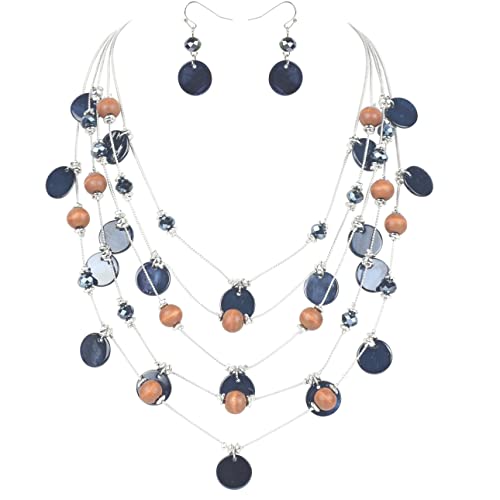 Collar de cuentas de madera multicapa para looks de verano y pendientes de concha redonda