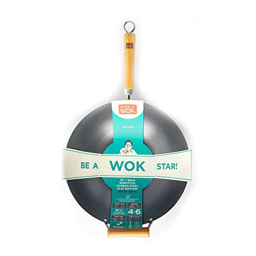 School of Wok - Wok de acero al carbono antiadherente de 36 cm, parte inferior plana, mango de bambú Cover