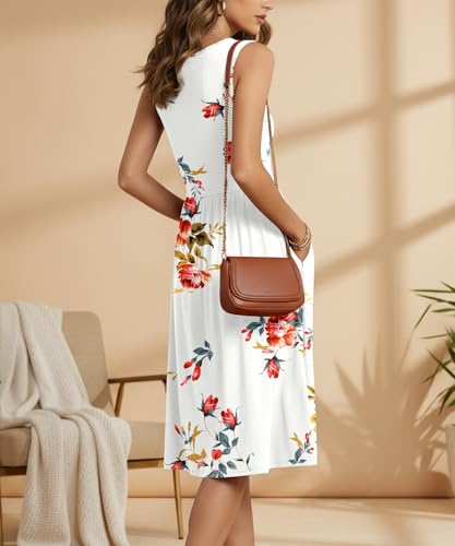 Image of NILOUFO Sleeveless Dress for Women Summer Knee Length Sundress with Pockets | Sundresses for Women Tank Empire Waist Sun Dress Cold Shoulder Casual V Neck Midi Dress Flowy Summer Dresses for Women