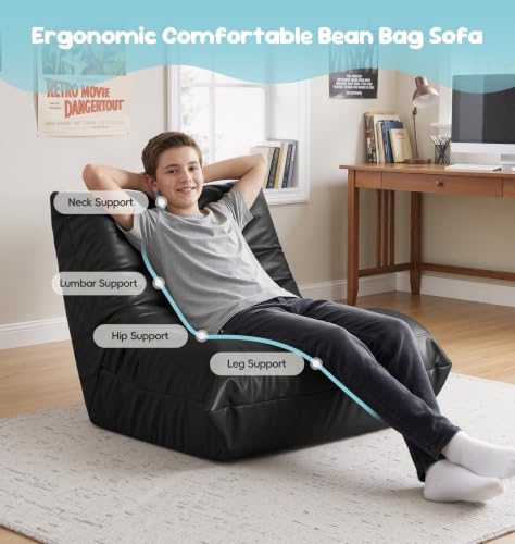 Image of Hobestluk Small Bean Bag Chair Lazy Floor Sofa, Memory Foam Fireside Sofa Beanbag Faux Leather Armless Chair for Living Room Bedroom Dorm Reading Playing (Black, Medium)