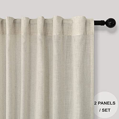 Flax Linen Curtains 96 Inches Long For Bedroom 2 Panels Back Tab Pocket Primitive Burlap Farmhouse Drape Sack Tweed Canvas Cloth Look Semi Sheer Tan Beige Curtains For Living Room Neutral Earth Tone #TOP1