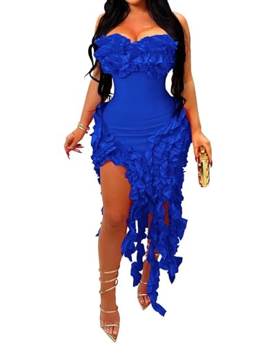 IyMoo Women Sexy Strapless Ruffle Bodycon Dress Solid Color Fringe Slim Party Cocktail Bandage Dresses