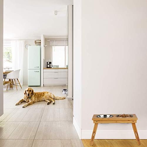 Relaxdays Bowl Stand for Medium Dogs, For Food & Water, Height-Adjustable and Foldable, HxWxD 26x47x23 cm, Natural, bamboo, stainless steel