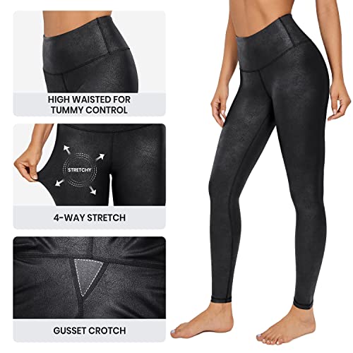 Crz Yoga Matte Faux Leather Leggings For Women 25'' - High Waisted Stretch Ankle Leather Pants Tummy Control Pleather Tights Black Small #TOP5