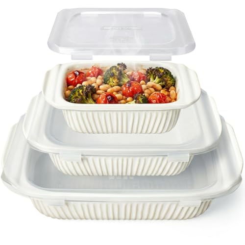 Artena Casserole Dishes For Oven, Ceramic Baking Dish, Large Lasagna Pan With Handles, Baking Pan Casserole Dish, Rectangular Bakeware Deep, White, Set Of 3 (5.1Qt/2.3Qt/1.1Qt) (Baking Dish 
