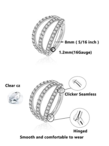 Hinged 18 Gauge Nose Ring 316 Stainless Steel Triple Open Stack Cz Daith Piercing Jewelry Clicker Septum Rings Rook Snug Tragus Cartilage Hoop Earring 8Mm #TOP1