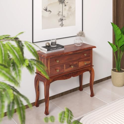 Image of WOODY Furniture Wooden Console Table for Living Room | Solid Wood Side Entrance Table for Home with 4 Drawers & Shelf Storage (Natural Finish)