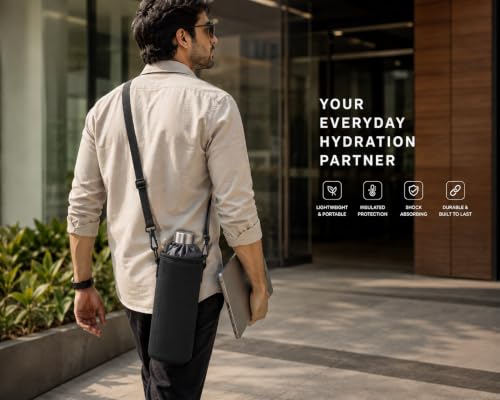 Image of 1 Litre Insulated Water Bottle Carrier Bag with Adjustable Shoulder Strap | Neoprene Bottle Cover for Stainless Steel, Glass & Plastic Bottles | Bottle Sleeve for Office, College, Gym| Black