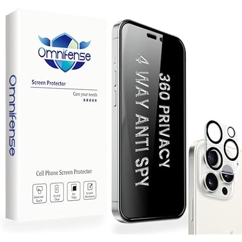 Omnifense 4 Way 360° Privacy Glass Screen Protector for iPhone 15 Pro [2 Pack] + Camera lens Protector [1 Pack], Horizontal and Vertical Anti Spy Tempered Glass Screen Film for Apple 15 Pro [6.1”] Cover