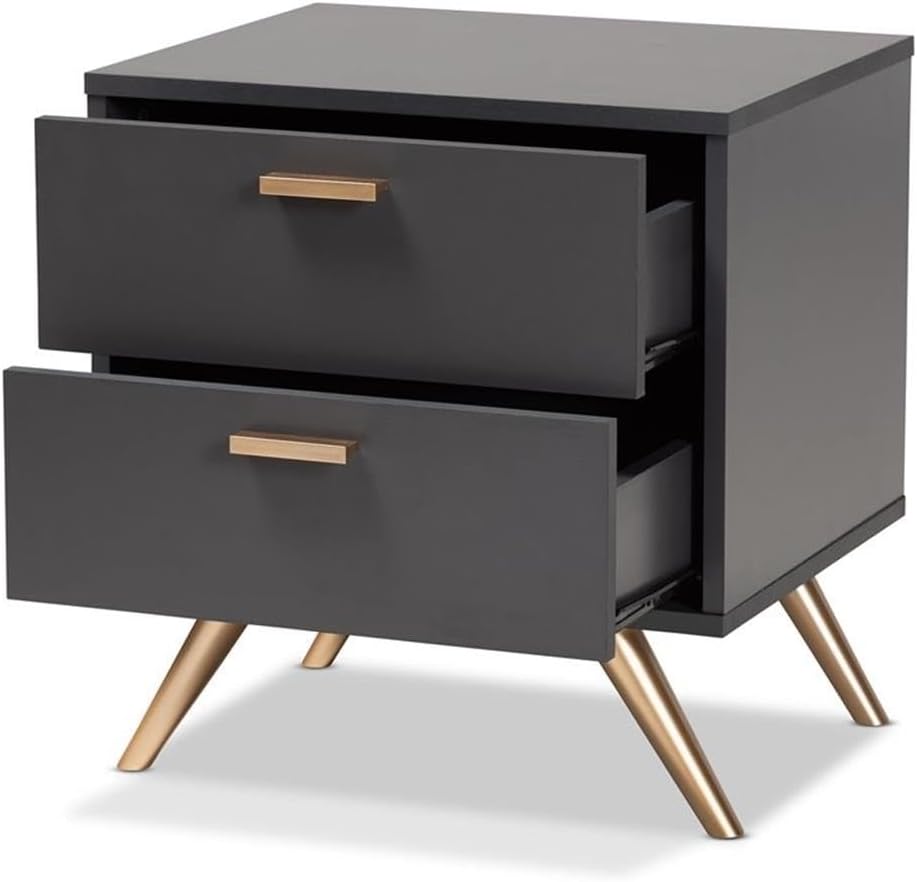 BOWERY HILL Modern 2-Drawer Nightstand, 20.1" H x 18.9" W x 15.75" D, Engineered Wood and Polymer, Dark Grey and Gold Finish, Angled Legs, Bedroom Storage Furniture
