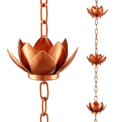 Oak Leaf Rain Chain Set, 8.5ft Copper Plated Rain Chain for Gutters with Adapter, Lotus Rain Chain Cups to Replace Gutter Downspout, Divert Water and Home Display, 12 Cups, Adjustable, Rose Gold