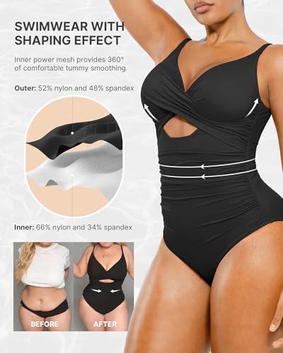 Image of SHAPELLX Tummy Control Swimsuits Women V Neck One Piece Bathing Suit Ruched Push Up Slimming Swimwear Built-in Bra