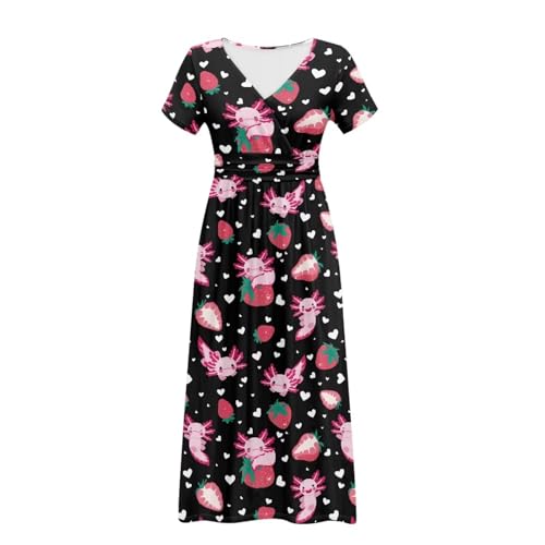 Image of Women's Fall Summer Short Sleeve Ankle Length V-Neck Party Dress with Pockets Size S-3XL