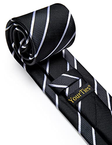 Yourties Men's Tie Set Silk Black White Striped Necktie And Tie Clip Wedding Party Ties #TOP3