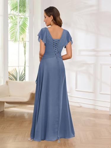 AUMEELAM Cape Sleeves Chiffon Mother of The Bride Dress Lace Applique V-Neck Ruched Wedding Guest Dresses3