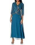J Kara Women's Petite 3/4 Sleeve V-Neck Beaded Faux Wrap Long Dress, Teal/Black/Mercury, 12P