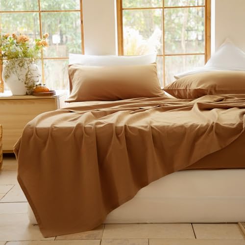 BISELINA 100% Washed Cotton Sheet Set 4 Pcs - 1 Fitted Sheet, 1 Flat Sheet and 2 Pillowcases, Natural Texture, Soft Breathable Bedding Set for Dorm/Home Comfort (Terracotta/Orange,Queen) by BISELINA - Used condition - Image 9