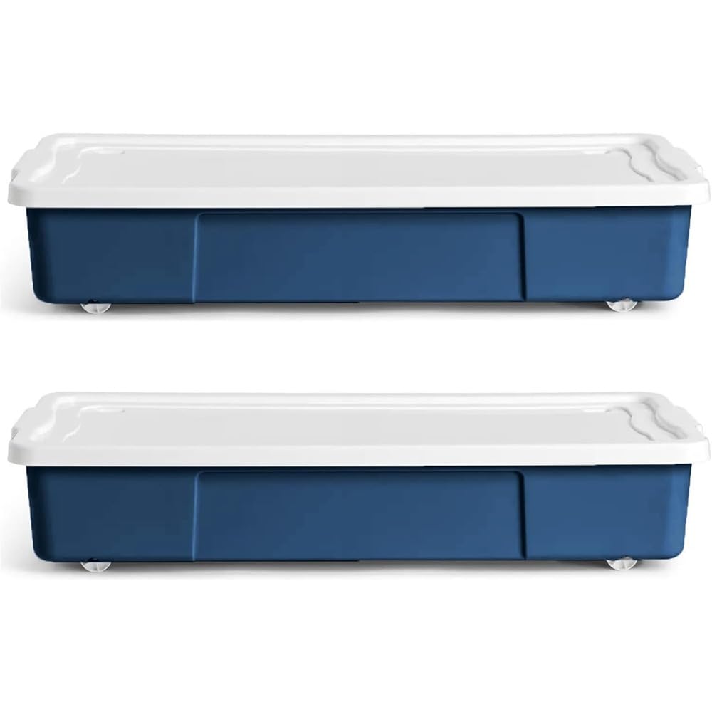 ALEEZ - 47L Underbed Storage Boxes with Wheels - Rectangular Plastic Rolling Storage Container for Clothes, Shoes, Bedding & Toys - Space Saving Durable Organiser for Bedroom & Home Use (Blue, 2x)