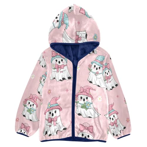 Cute Ghosts with Flowers Toddler Fleece Jacket Girl Boys Hooded Fleece Jacket Coat Warm Outwear Zip-up 3-10T