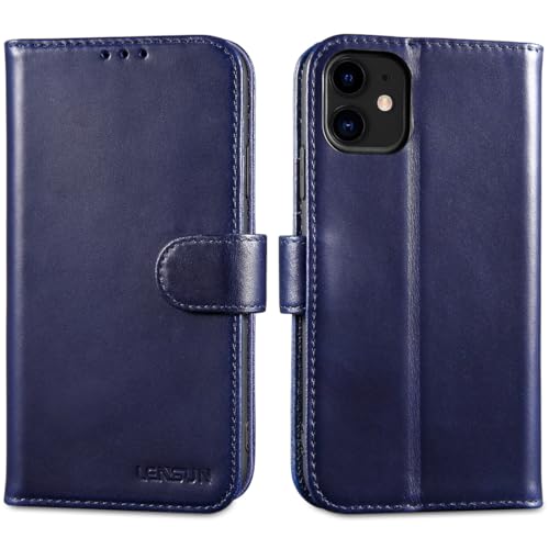 Pochette de portefeuille iPhone 11 cuir véritable bleu avec RFID blocage