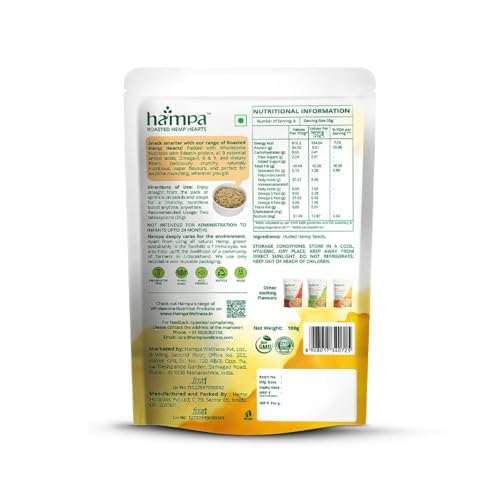 Image of Hampa Roasted Hemp Hearts 100g | Plain roasted | Dietary Fibres | Shelled Hemp Seeds for Eating | Healthy Snack | 35g Plant Protein | 38g Good Fats-Omega 3,6,9 | Wholesome Nutrition | Eat Raw