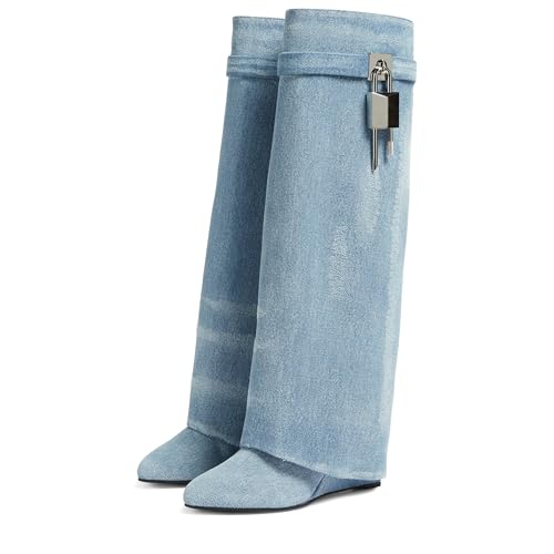 Image of Arqa Medium Blue Fold Over Knee High Boots Covered Wedge Heels Western Cowboy Boots Almond Toe Wide Calf Dress Party Shoes Size 4