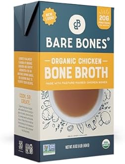 Bare Bones Organic Chicken Bone Broth | Pour w/Pasture-Raised Protein & Collagen for Cooking & Sipping | No Artificial Flavors Non-GMO Gluten & Dairy-Free Keto & Paleo Friendly | 16oz Carton | 8 Pack