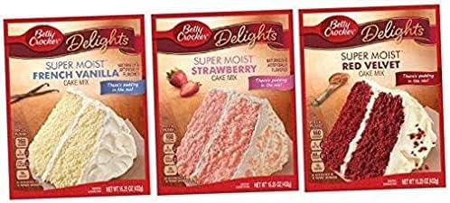 THREE (3) Cake Bundle Super Moist French Vanilla Cake, Super Moist Red Velvet Cake, Super Moist Strawberry Cake, Lot Set of 3 Items "There's Pudding in the mix!" Cake Mix .2 pack