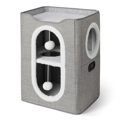 Amazon Basics - Casetta per Gatti a 2 Piani, Grotta per Gatti con Tappetino Tiragraffi e Pallina Morbida, Cucce Modulari a Cubo Pieghevoli per Gatti, 43,2cm x 35,6cm x 57,2cm, Grigio