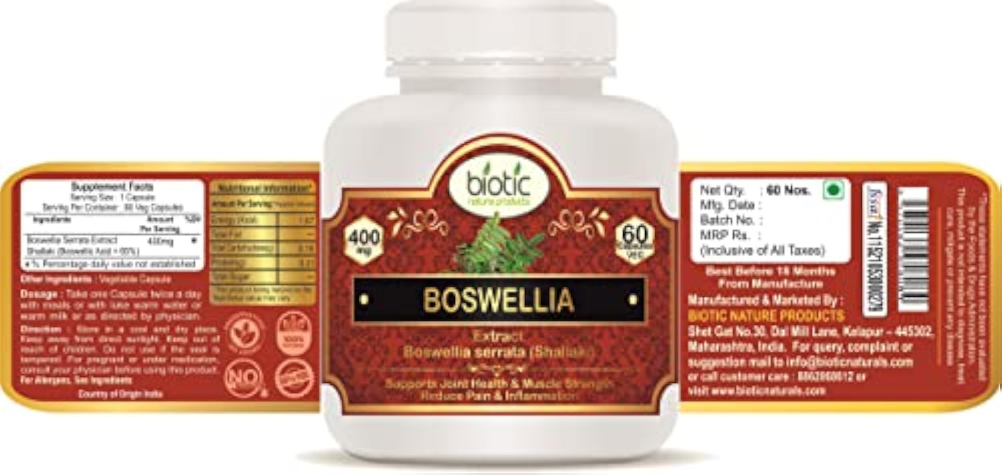Biotic Boswellia Serrata Capsules (Shallaki) Extract 400mg - 60 Veg Capsules