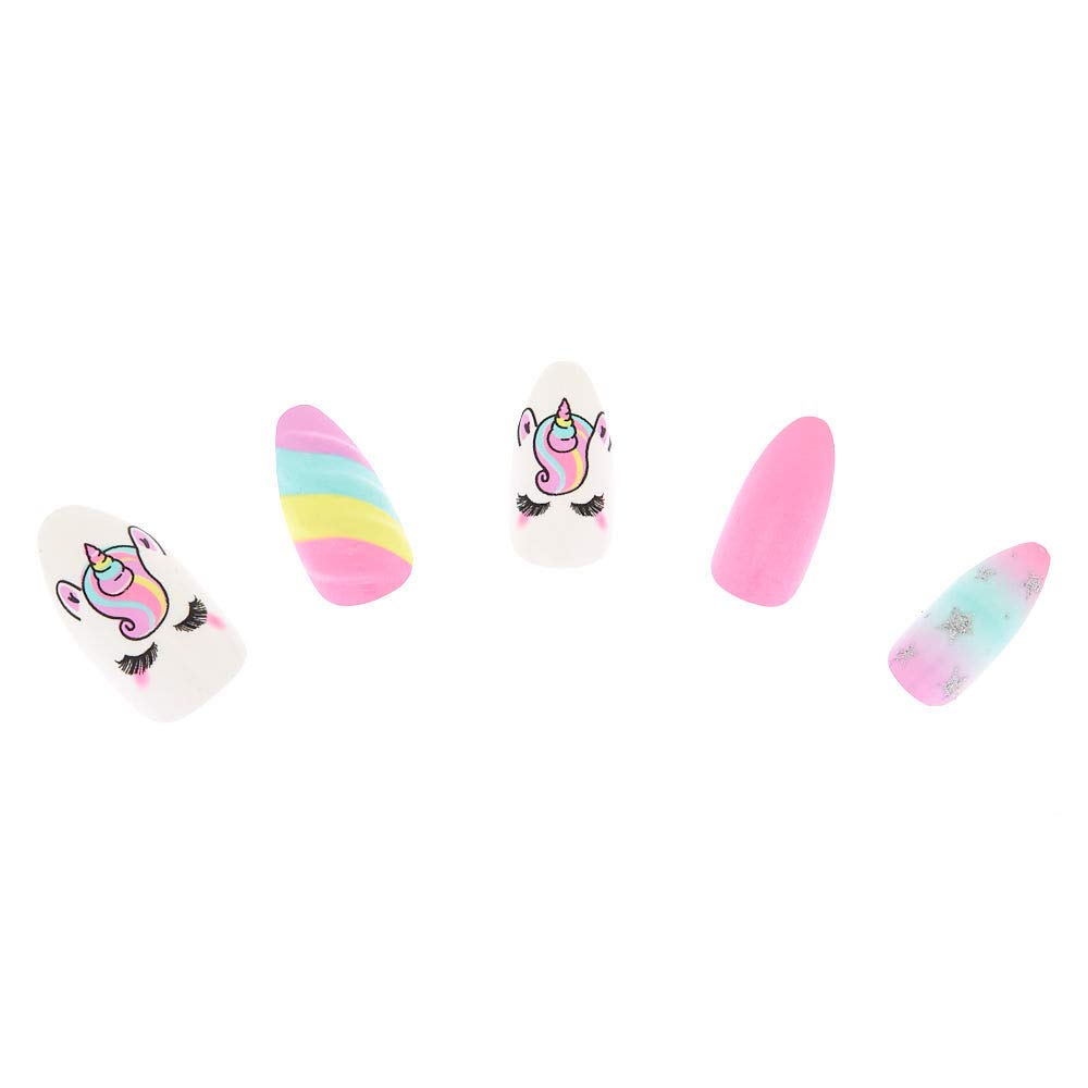 Claire's Claireââ‚¬â„¢s Pastel Unicorn Stiletto Faux Nail Set, Rainbow, Plastic, Includes Nail Glue, 24 Pack
