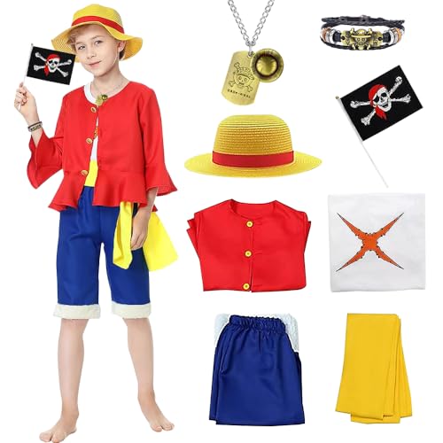 YYDSXK Disfraz de Cosplay para Niños,Disfraces para Niños con Sombrero de Paja,Tops Pantalones Cinturón,Camiseta,Cosplay Vestido de Niño para Cumpleaños Halloween Carnival Regalo