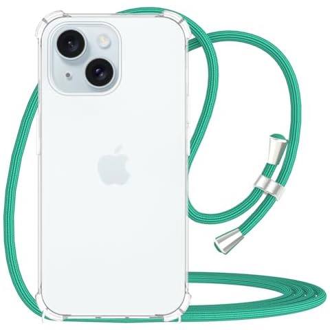 YESPURE for iPhone 15 Clear Case Adjustable Neck Strap Transparent Case for Women Soft Bumper Cover Rubber Shockproof Protective Phone Case with Crossbody Lanyard for iPhone 15 - Teal Green Cover