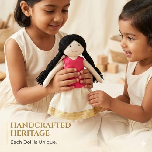 Image of Pink Kerala Girl Handcrafted Indian Rag Doll, Soft Cotton Fabric & Yarn Hair South Indian Cloth Doll, Traditional Handmade Doll for Kids, Home Decor & Gifting