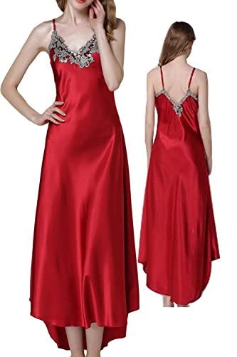 Asher Fashion 2 Piece Women Satin Nightgowns And Robe Set Sexy Lace Silk Slip Dress Long Chemise Nightdress Sleepwear Red thumb #2