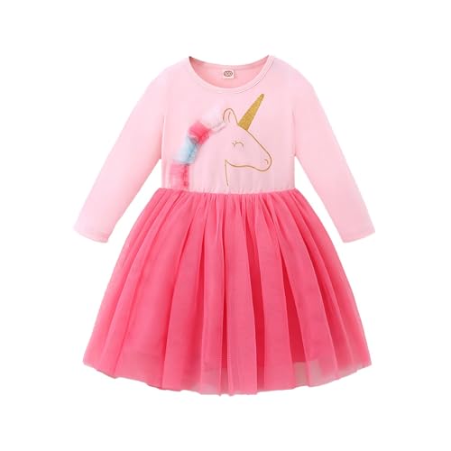 JiAmy Girls Dresses Ruffle Long Sleeve Unicorn Mermaid Print Cotton Top Tulle Tutu Dress Kids Fall Christmas Clothes for Girl 3-4 Years Pink