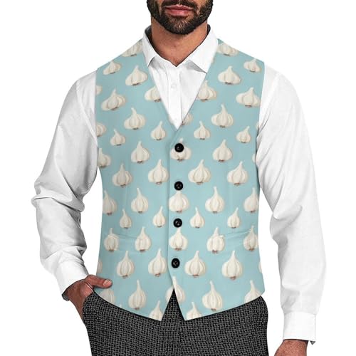 Cute Garlic Pattern Suit Vest for Men Slim Fit Sleeveless Jacket V Neck Business Waistcoat Button Up Dressy Top