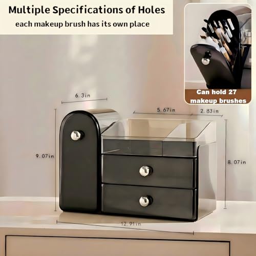 Image of Makeup Organizer for Vanity with Covered Brush Holder,Bathroom Organizers with Drawer,Skin Care Organizer,Makeup Organizers for Vanity with Drawer,Large Makeup Storage for Dresser, Black