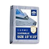 RAINDEWAY Tarps 15x15 Feet - 5.5 Mil, Multipurpose Waterproof Poly Tarp Cover with Metal Grommets and Reinforced Edges, Silver/Blue Tarp