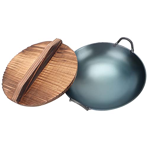 Yardwe Conjunto Wok Panela Wok de Ferro Pow 1 Stir Fry Pans Chinesa Panela Com Alça Dupla E Tampa De Madeira para Casa 12 Diâmetro Asiático Profissional. 5Cm