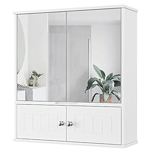 HOCSOK Spiegelkast, badkamerkast met spiegel, hangkast met 2 spiegeldeuren en 2 houten deuren, verstelbare plank, voor badkamer, doucheruimte, wit, 60 x 17,5 x 55 cm