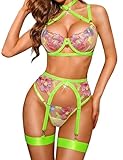 RSLOVE Women's Sexy Lingerie Set with Garter Belt Underwire Floral Embroidered 3 Piece Bra and Panty Sets Lace Babydoll Neon Green Small