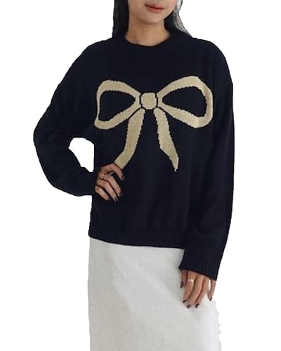 Image of Women Winter Sweaters Casual Warm Cute Bow Print Long Sleeve Crew Neck Pullover Basic Knitwear Fall Xmas Jumper Top Streetwear (Black A, S)