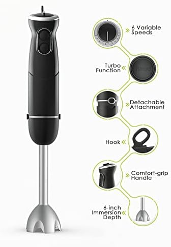 Hand Blender 3 in 1, 600W Immersion Hand Blender for Kitchen 6-Speed Electric Stick Handheld Blender with Turbo Function, Include Stainless Steel Whisk, Milk Frother Attachments