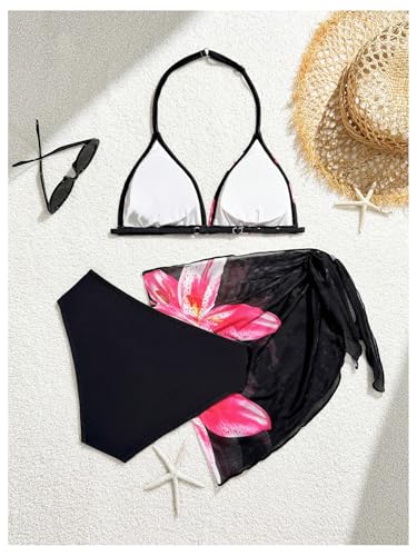 Girl's 3 Piece Floral Swimsuit Halter Triangle Bikini with Mesh Cover Up Skirt2
